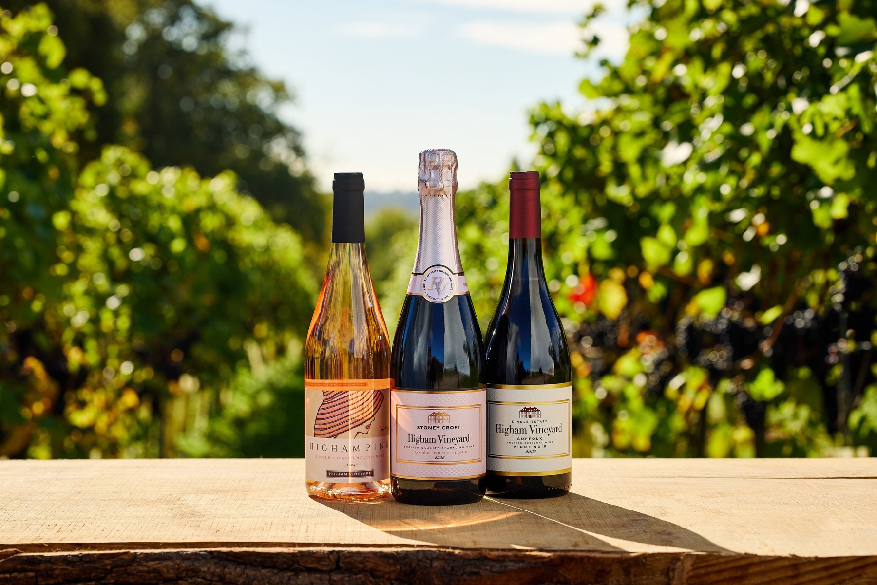 Higham Vineyard wines standing in the vineyard